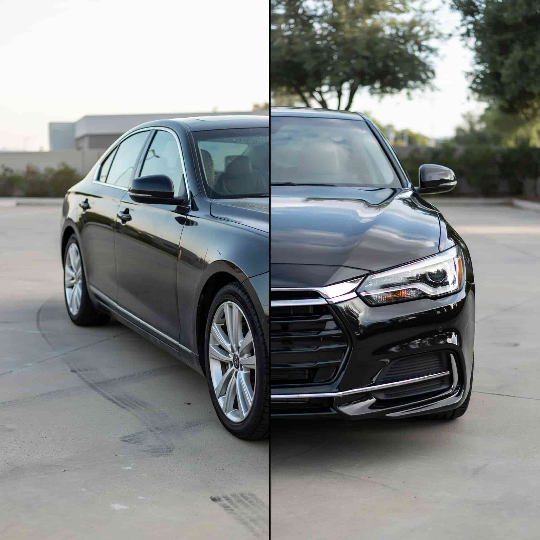 Audi A6 front view split showing paint correction results — left dull, right glossy